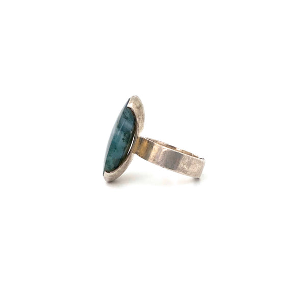 profile Elis Kauppi Kupittaan Kulta Finland vintage silver moss agate large ring Scandinavian Modernist jewelry design