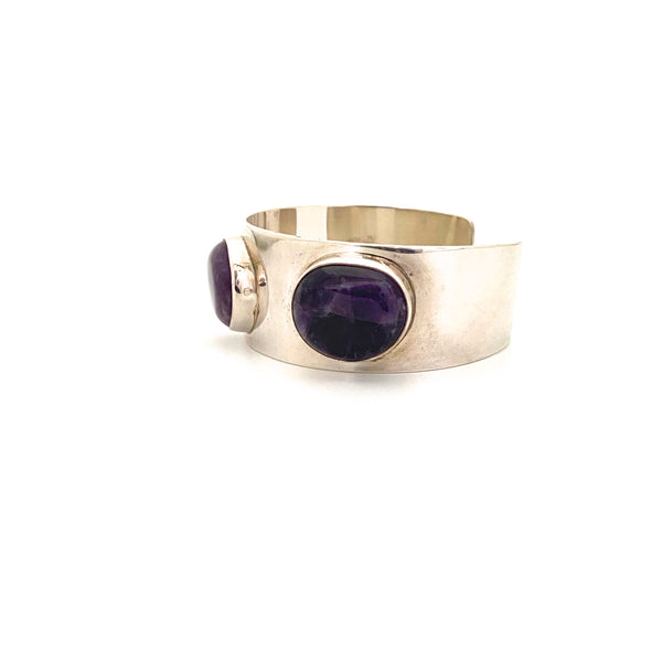 profile Arne Johansen Denmark vintage heavy silver amethyst cuff bracelet Scandinavian Modernist jewelry design