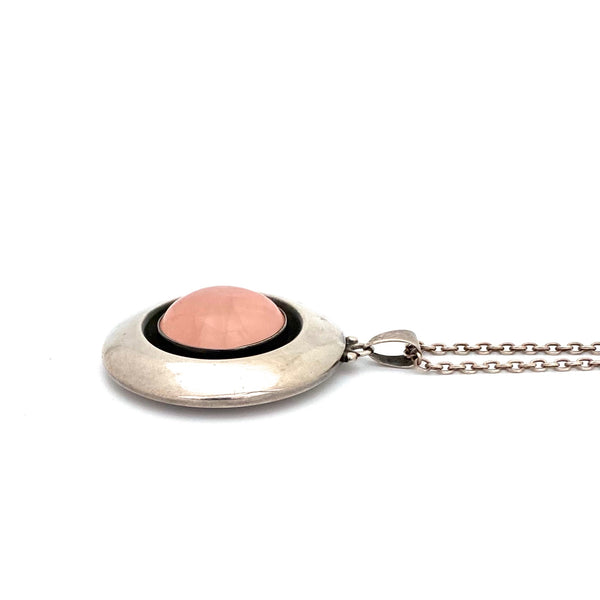 profile NE From Denmark vintage silver rose quartz round pendant necklace Scandinavian Modernist jewelry design