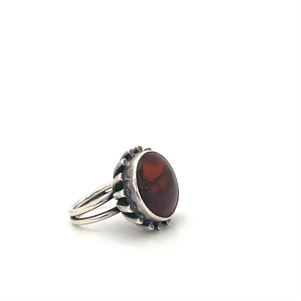 ORNO large silver & amber ring ~ Modernist design