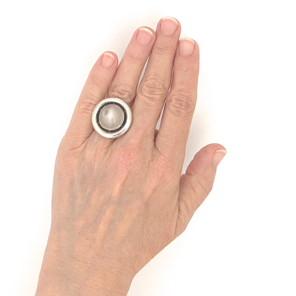 scale Walter Schluep Canada vintage silver large round ring moonstone Canadian Modernist jewelry design