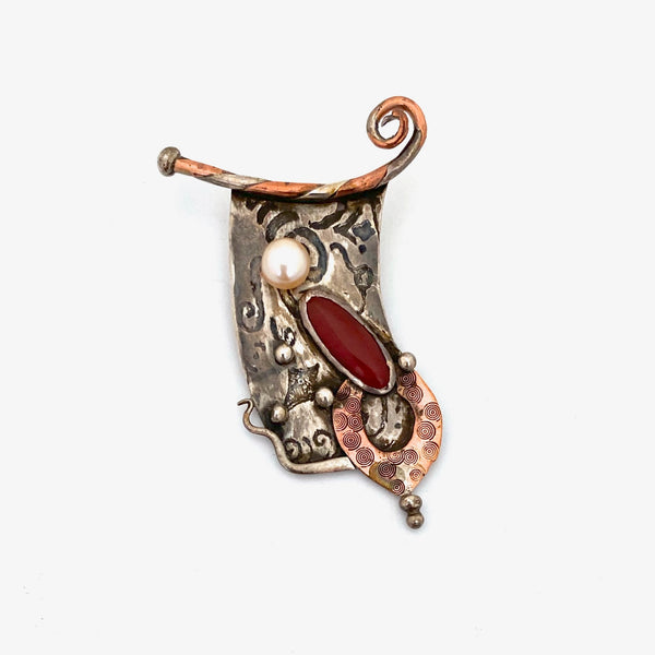 vintage silver & copper whimsical pendant / brooch with carnelian & pearl