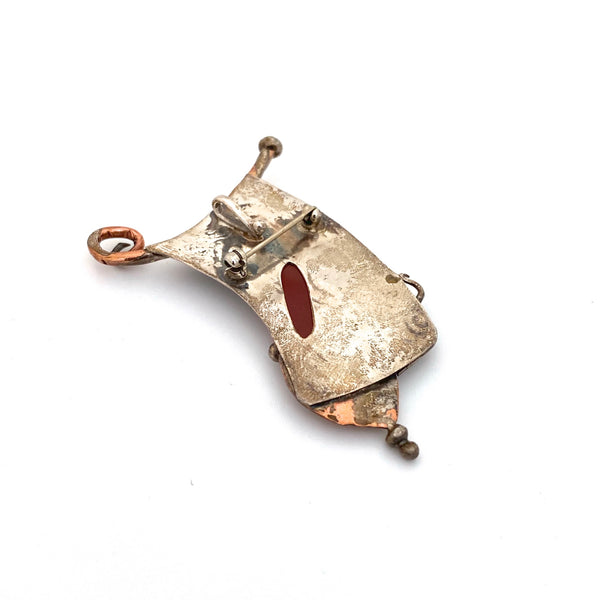 vintage silver & copper whimsical pendant / brooch with carnelian & pearl