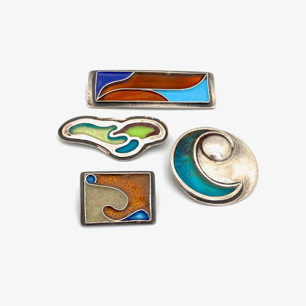 set of 4 vintage silver and enamel biomorphic brooch studio made Modernist jewelry design