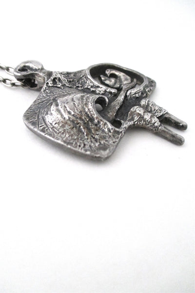 Guy Vidal Canada vintage brutalist pewter woman and bird pendant necklace