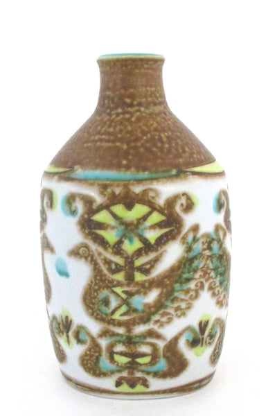 back Nils Thorsson for Royal Copehagen Denmark vintage turquoise yellow Baca faience ceramic bird vase