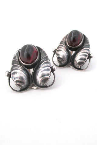 Georg Jensen Denmark vintage leaves and tendrils silver and garnet earrings