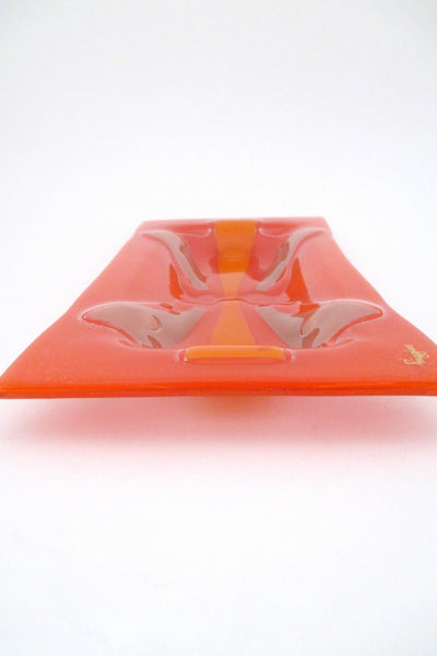 detail Higgins Glass USA mid century modernist orange fused glass serving tray plate signed