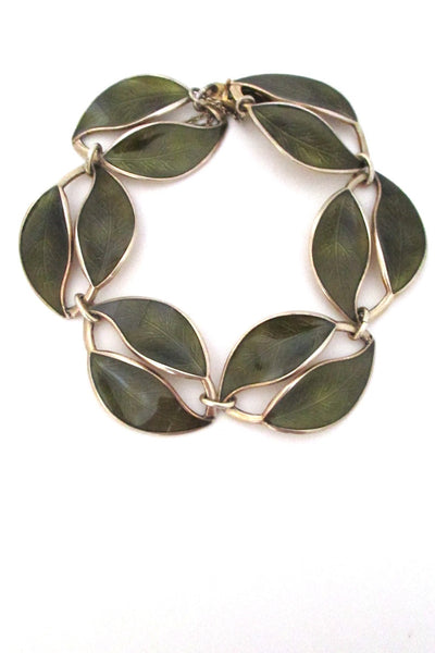 David-Andersen Norway vintage silver & enamel olive green leaf bracelet by Willy Winnaess