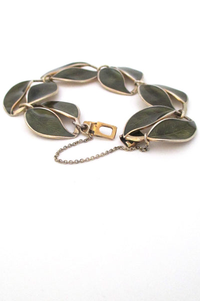 David-Andersen Norway vintage silver & enamel olive green leaf bracelet by Willy Winnaess