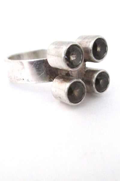 Elis Kauppi for Kupittaan Kulta Finland vintage modernist silver & smoky quartz 4 stone ring