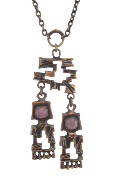 detail Pentti Sarpeneva Finland large vintage bronze raw amethyst kinetic pendant necklace